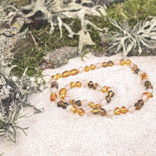Spring Twist - Honey and Green Amber with Rose Quartz Necklace for adults