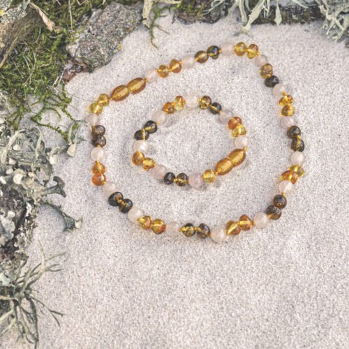 Spring Twist - Honey and Green Amber with Rose Quartz Bracelet: Kids/Teen Bracelet