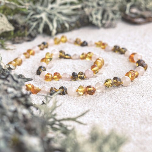 Spring Twist - Honey and Green Amber with Rose Quartz Bracelet for adults