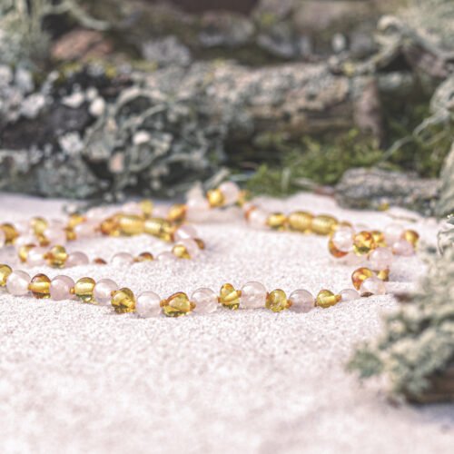 Rose Honey Swing - Honey Amber and Rose Quartz Bracelet for adults