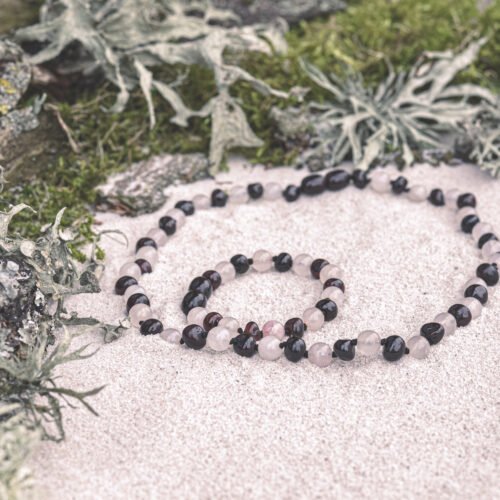 Rose Chery Swing - Cherry Amber and Rose Quartz Necklace: Kids/Teen Necklace