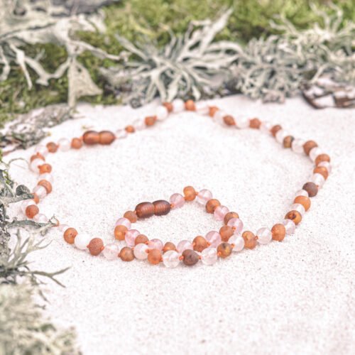 Raw Rose Caramel Swing - Raw Caramel Amber & Rose Quartz Necklace: Kids/Teen Necklace
