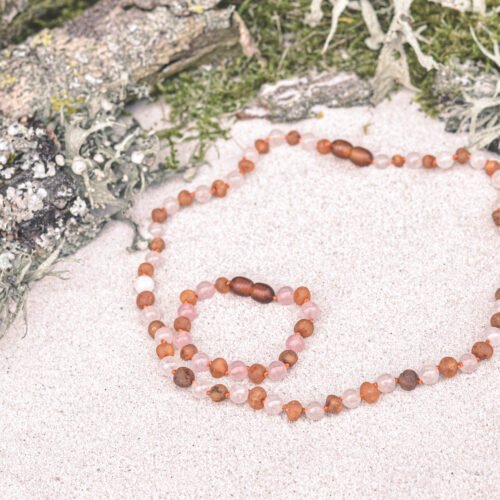 Raw Rose Caramel Swing - Raw Caramel Amber and Rose Quartz Bracelet: Kids/Teen Bracelet