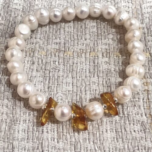 Pearl and Baltic Amber Beaded Bracelet with Silver Spacers