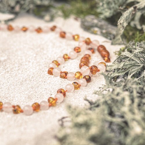 Rose Caramel Swing - Amber Caramel & Rose Quartz Bracelet: Kids/Teen Bracelet