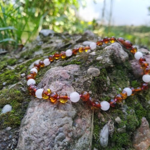 Morning Waltz - Amber Caramel & Rose Quartz Necklace: Kids/Teen Necklace