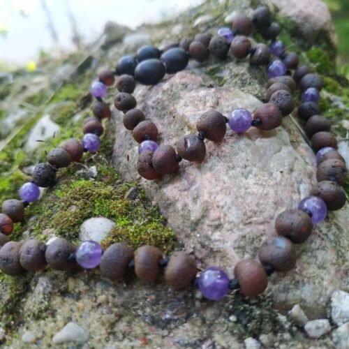 Velvet Rumba - Raw cherry Amber and Purple Amethyst Bracelet for adults
