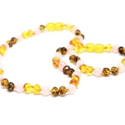 Spring Twist - Honey and Green Amber with Rose Quartz Necklace: Kids/Teen Necklace