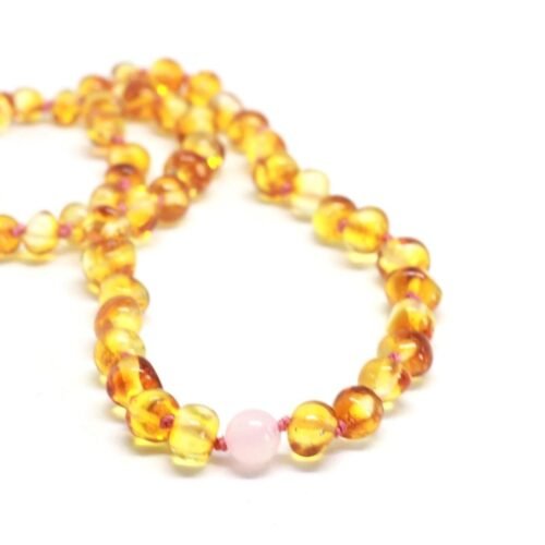 Rose Drop Swing - Honey Amber with Rose Quartz Necklace: Kids/Teen Necklace