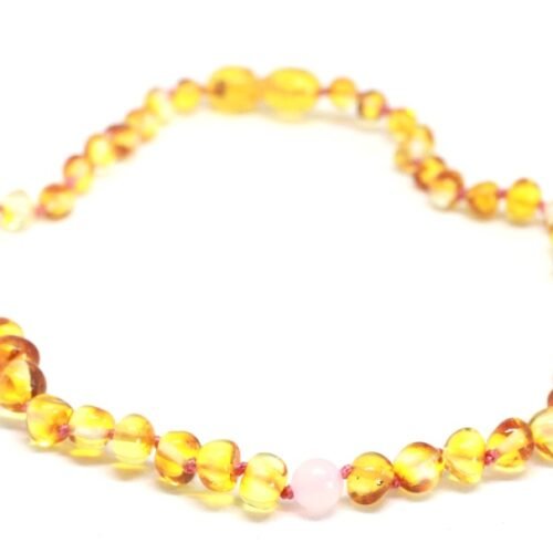 Rose Drop Swing - Honey Amber and Rose Quartz Necklace for adults