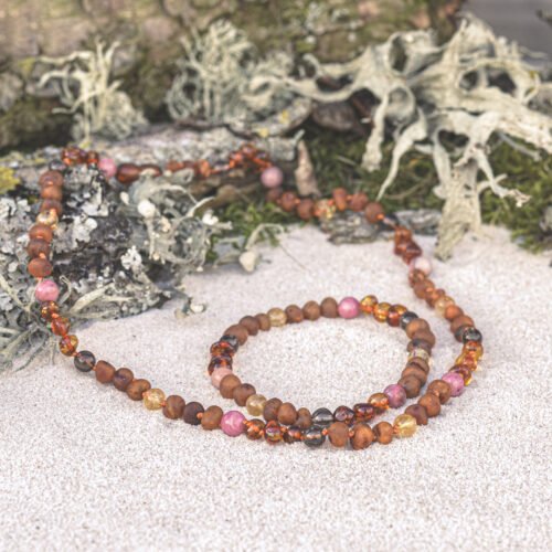Maple Bolero – Raw and Polished Caramel Amber with Natural Gemstones Bracelet for adults