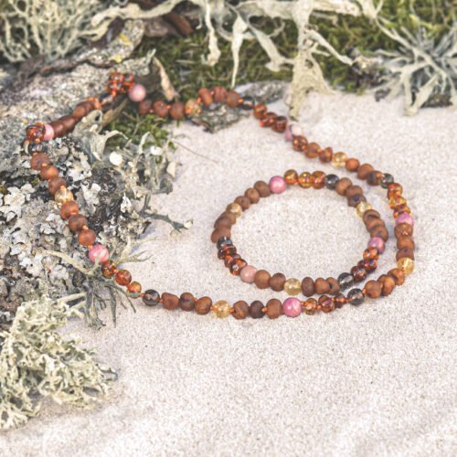 Maple Bolero – Raw and Polished Caramel Amber with Natural Gemstones Kids/Teen Necklace
