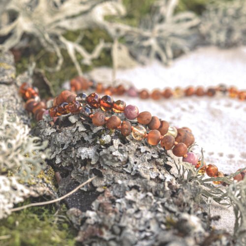 Maple Bolero – Raw and Polished Caramel Amber with Natural Gemstones Kids/Teen Bracelet