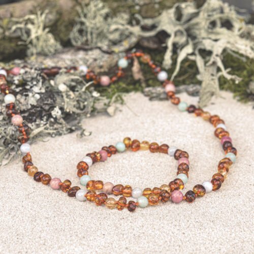 Blooming Samba - Caramel Amber and Natural Gemstone Necklace for adults