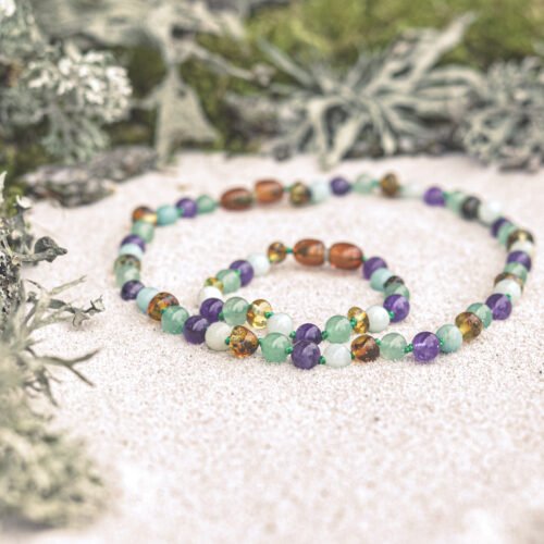 Rain Minuet - Light Green Amber with Amazonite, Amethyst, Aventurine Kids and Teen Bracelet