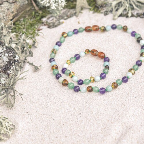 Rain Minuet - Light Green Amber with Amazonite, Amethyst, Aventurine Bracelet for adults